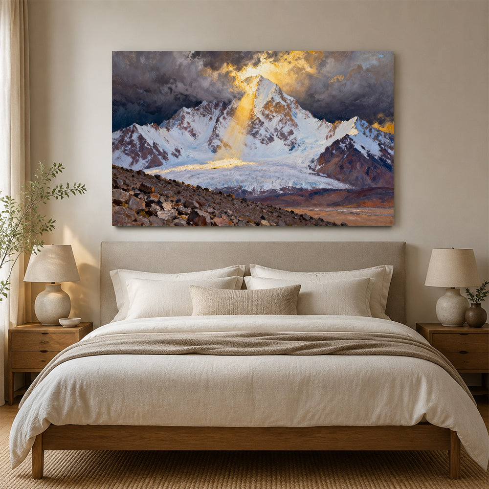 Golden Light on a Snowy Summit canvas wall art, bedroom mockup.