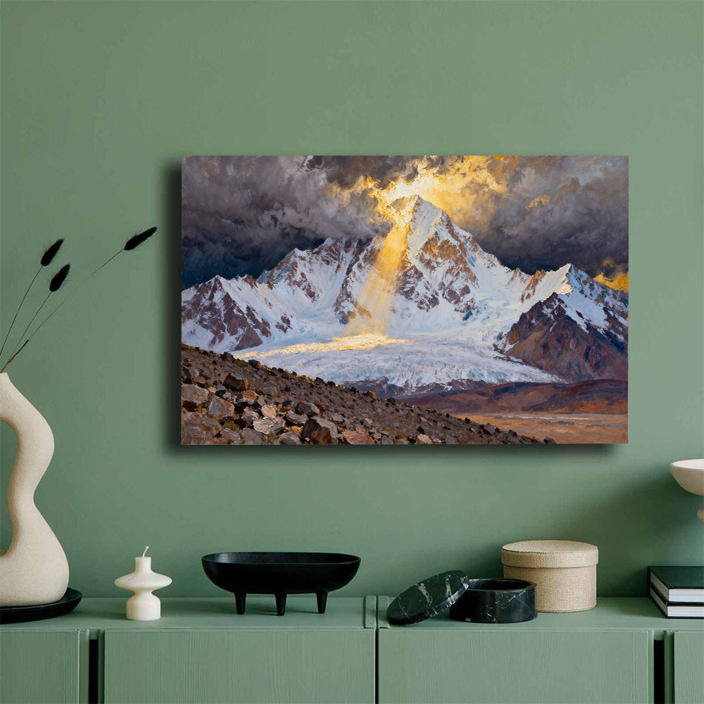 Golden Light on a Snowy Summit canvas wall art, green wall mockup.