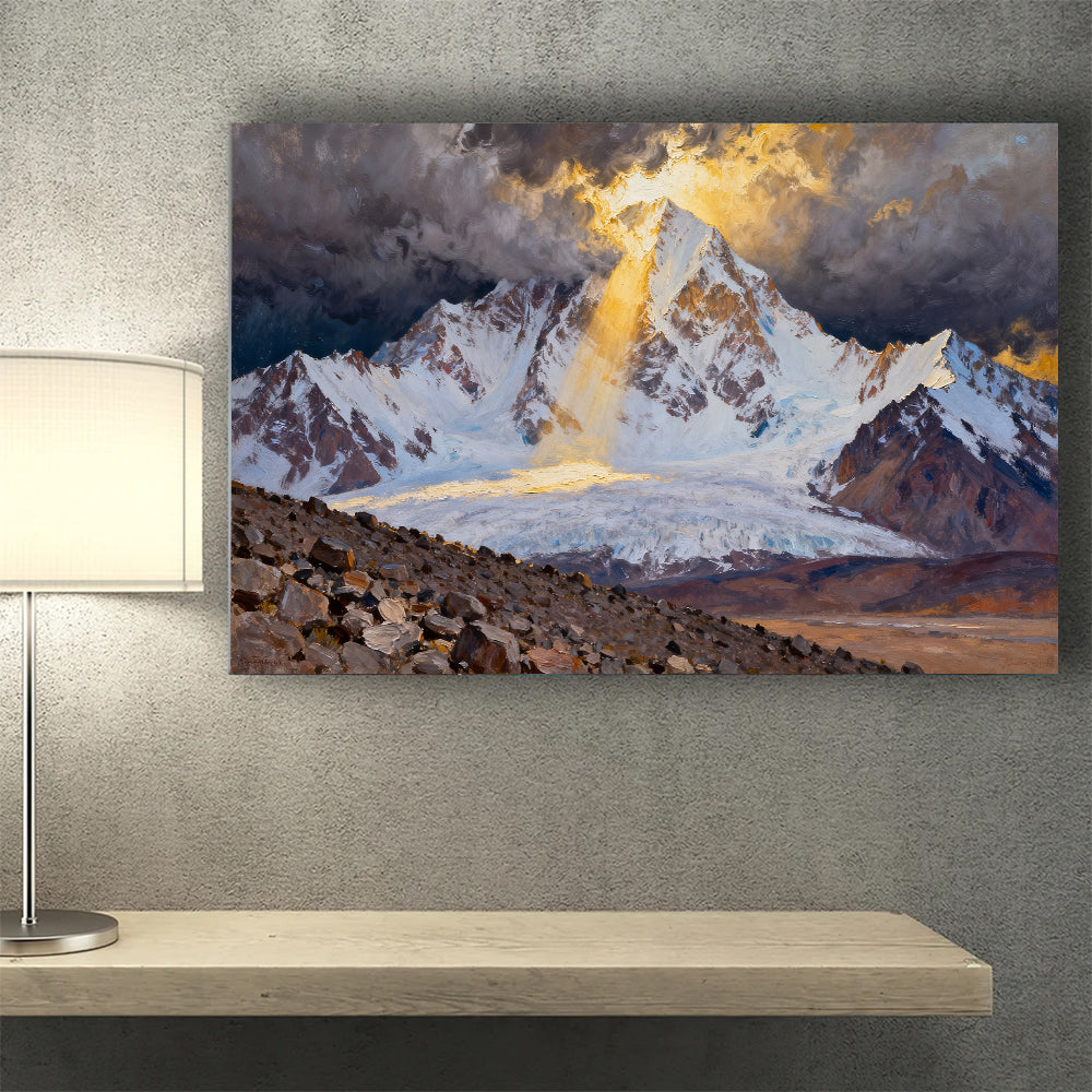 Golden Light on a Snowy Summit canvas wall art, desk mockup.
