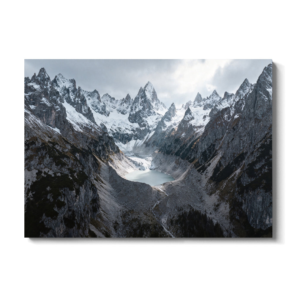 Dark Alpine Peaks in Mist canvas wall art, front view on a white background.