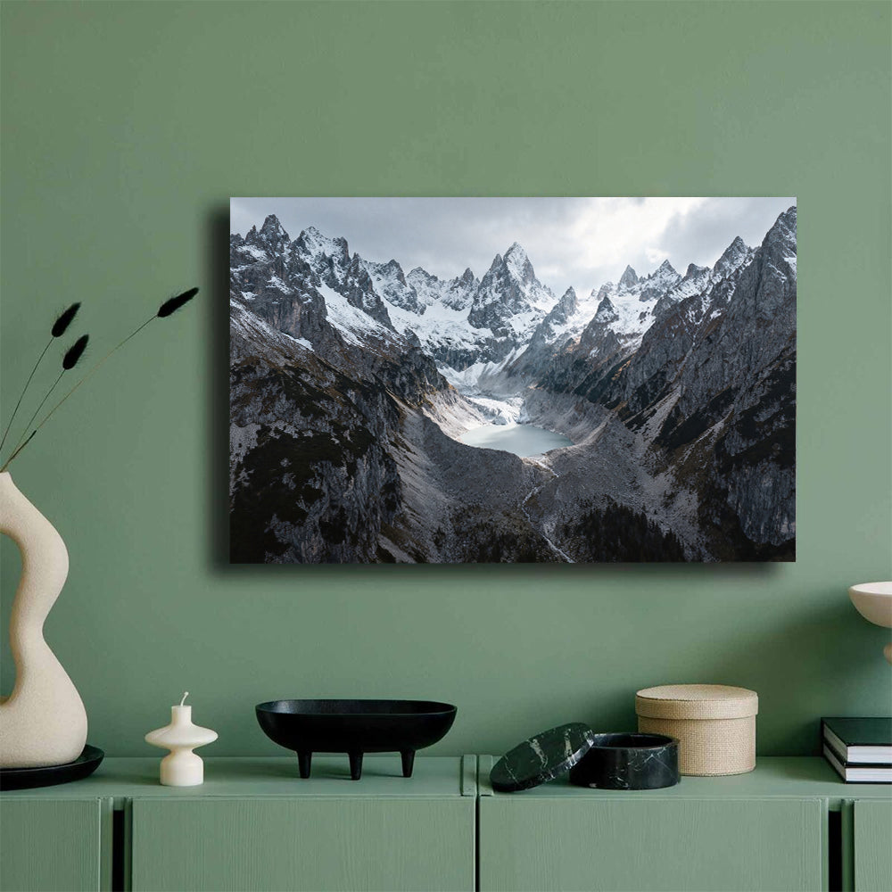 Dark Alpine Peaks in Mist canvas wall art, green wall mockup.