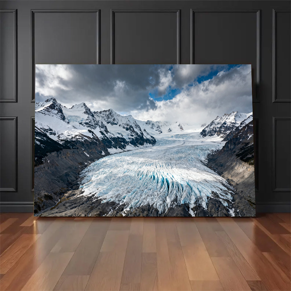 Icefall beneath Storm Clouds canvas wall art, floor display mockup.