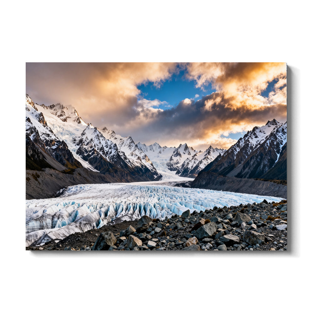 Evening Light across a Glacier canvas wall art, front view on a white background.