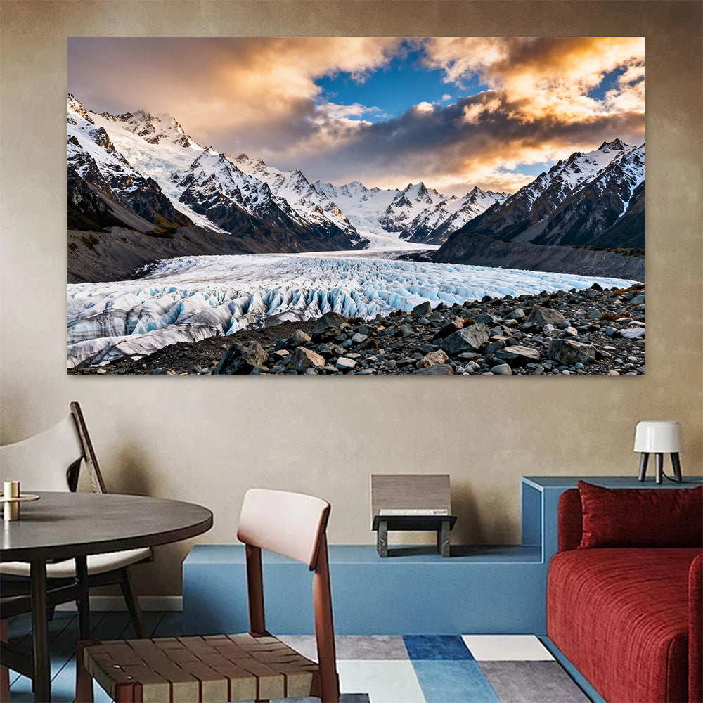 Evening Light across a Glacier canvas wall art, living dining room mockup.