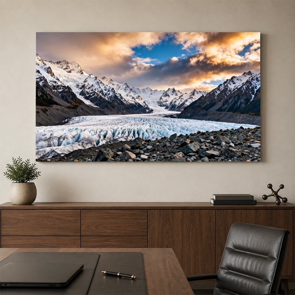 Evening Light across a Glacier canvas wall art, office mockup.