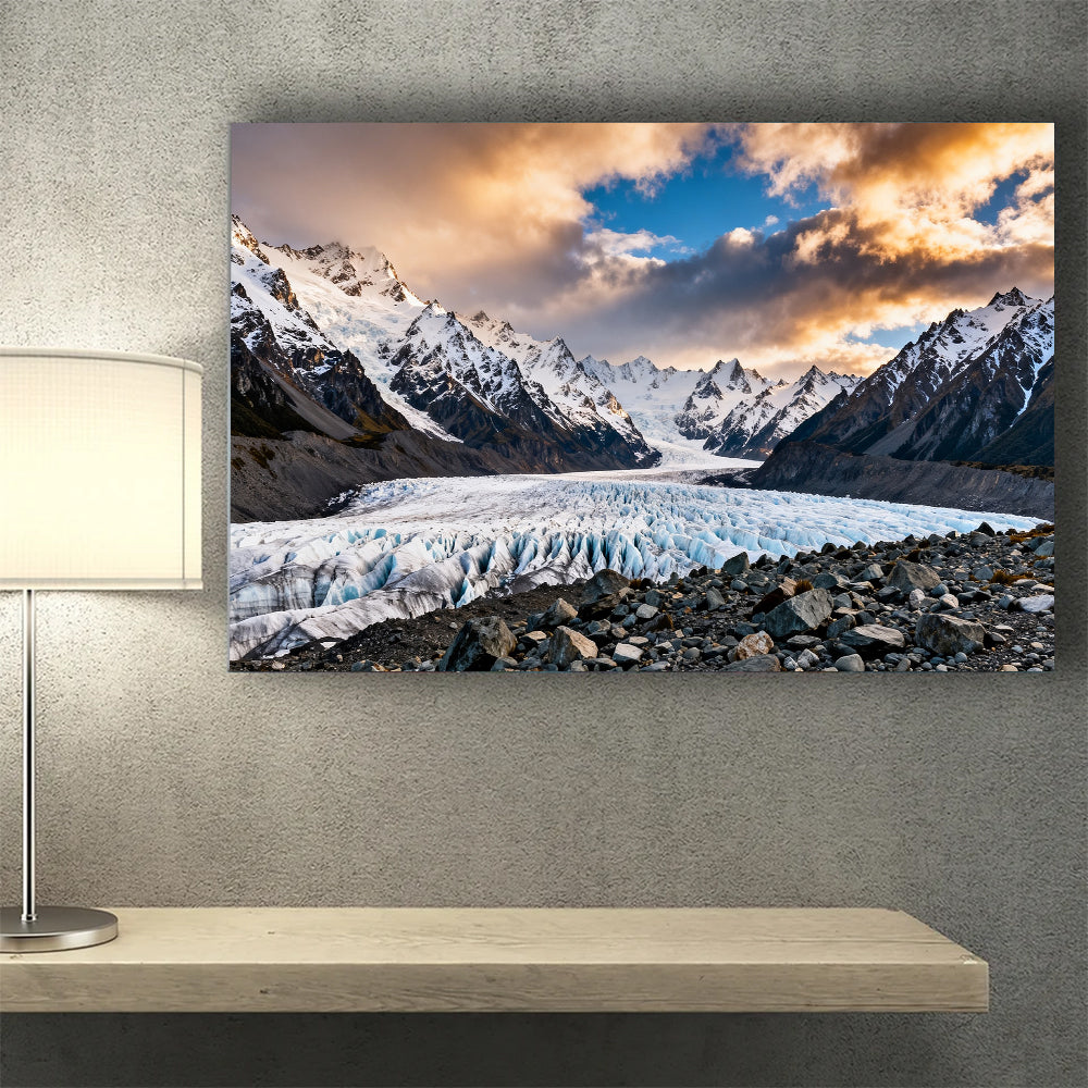 Evening Light across a Glacier canvas wall art, desk mockup.