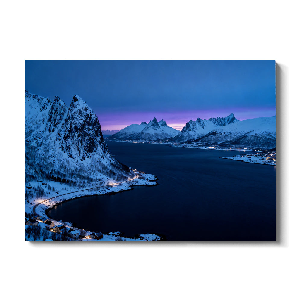 Blue Twilight on a Winter Fjord canvas wall art, front view on a white background.
