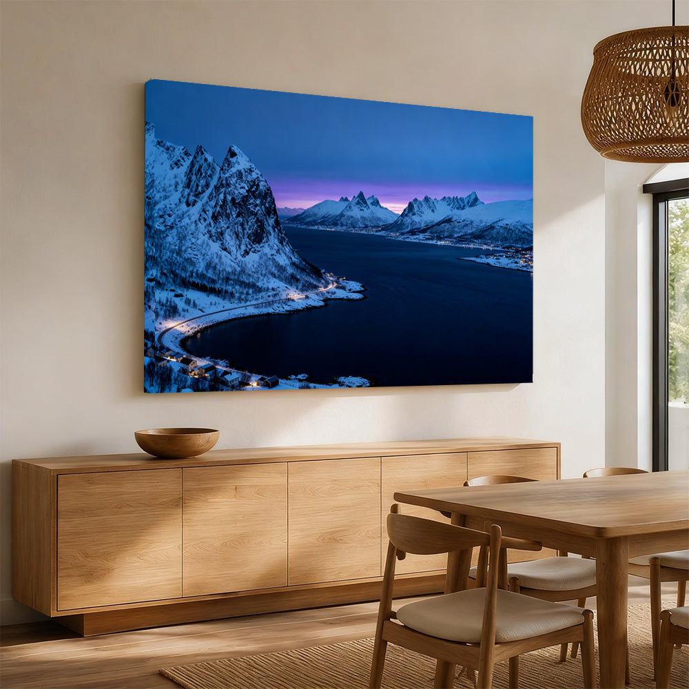 Blue Twilight on a Winter Fjord canvas wall art, dining room mockup.