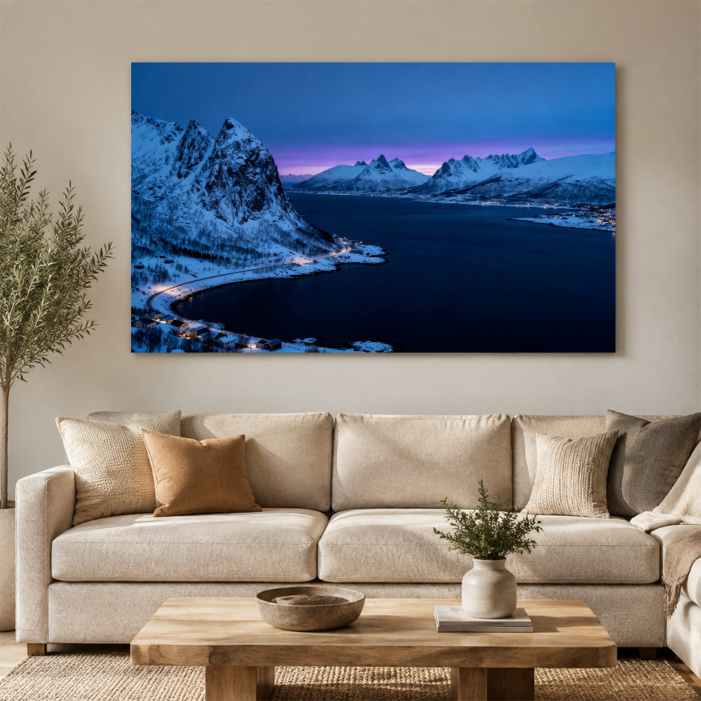 Blue Twilight on a Winter Fjord canvas wall art, living room mockup.