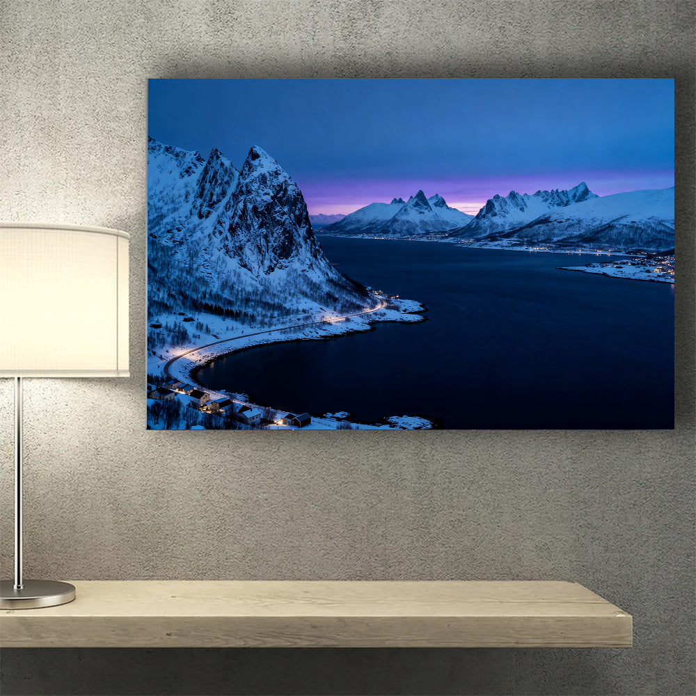 Blue Twilight on a Winter Fjord canvas wall art, desk mockup.