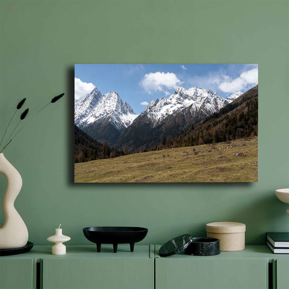 Snowy Ridge above Alpine Grass canvas wall art, green wall mockup.