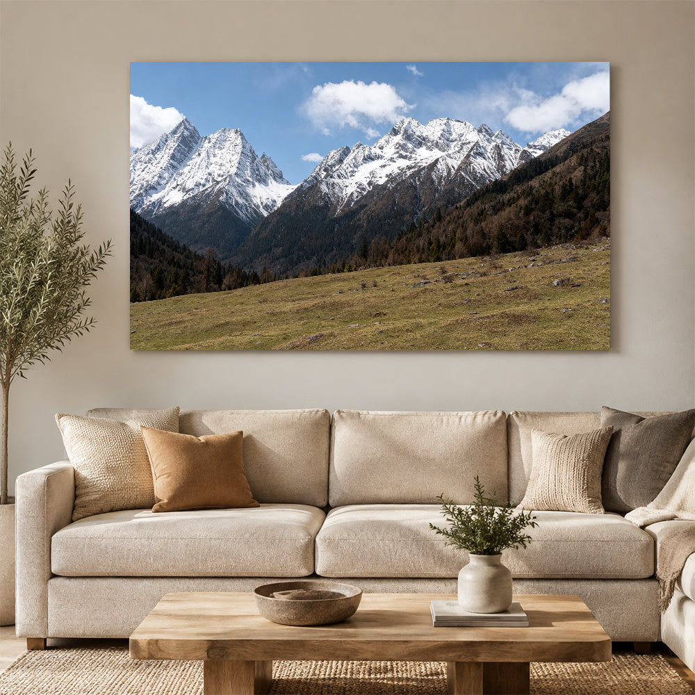 Snowy Ridge above Alpine Grass canvas wall art, living room mockup.