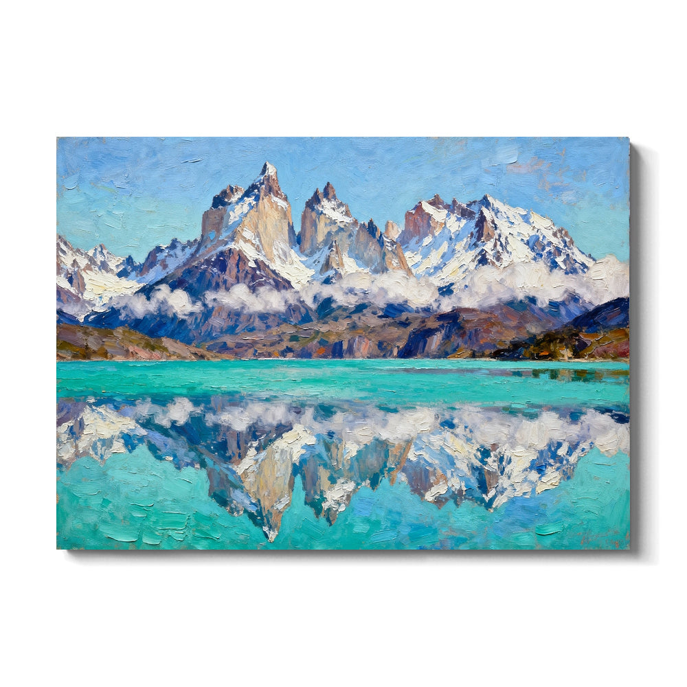 Turquoise Lake and Snowy Spires canvas wall art, front view on a white background.