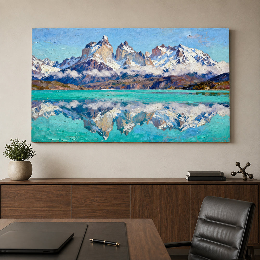 Turquoise Lake and Snowy Spires canvas wall art, office mockup.
