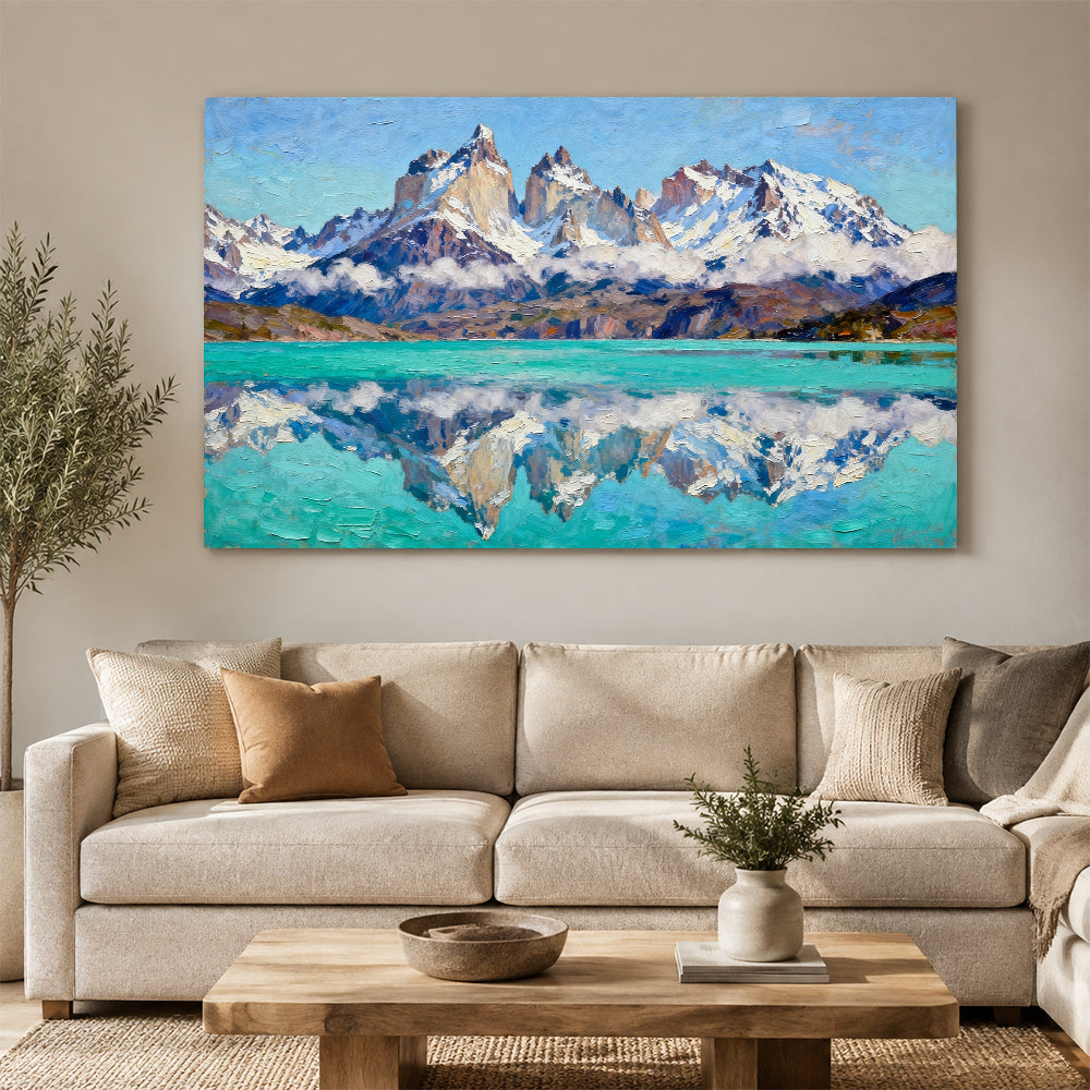 Turquoise Lake and Snowy Spires canvas wall art, living room mockup.
