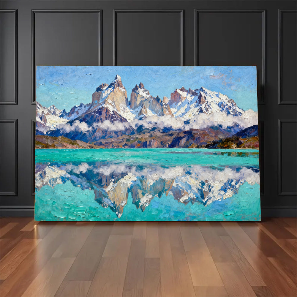 Turquoise Lake and Snowy Spires canvas wall art, floor display mockup.