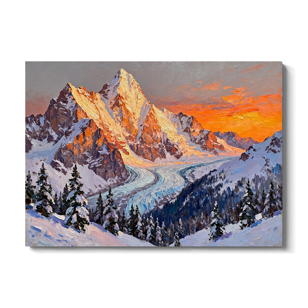 Golden Peaks and a Winding Glacier canvas wall art, front view on a white background.