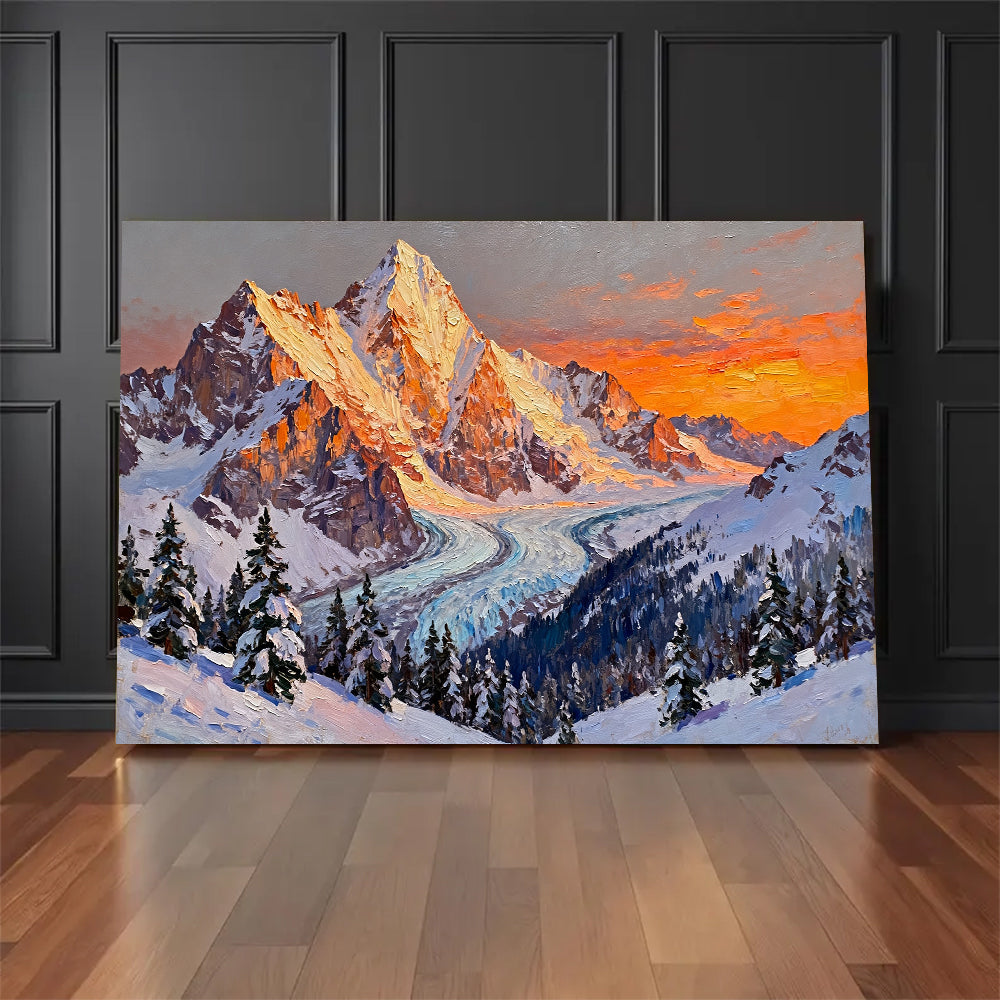 Golden Peaks and a Winding Glacier canvas wall art, floor display mockup.