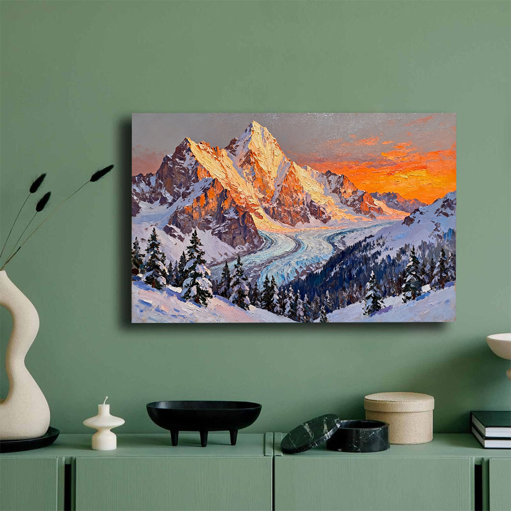 Golden Peaks and a Winding Glacier canvas wall art, green wall mockup.
