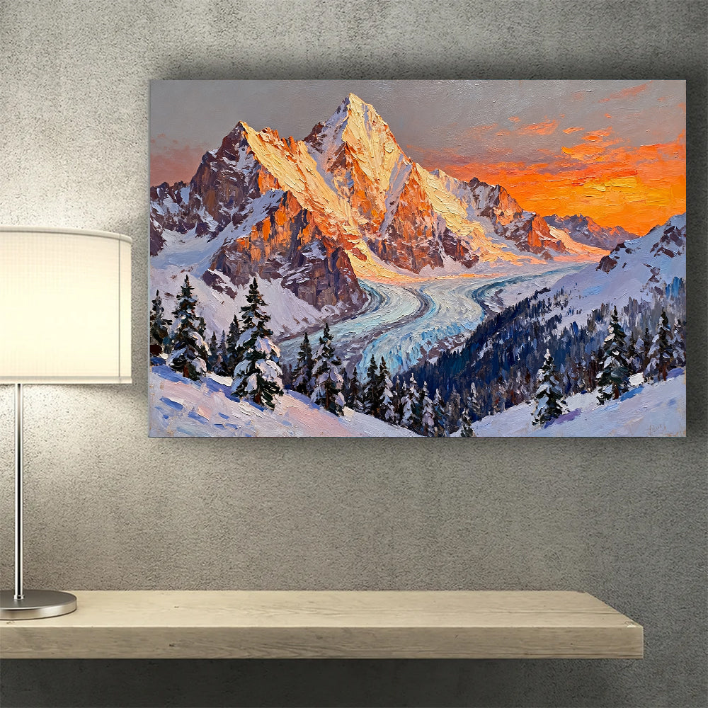 Golden Peaks and a Winding Glacier canvas wall art, desk mockup.