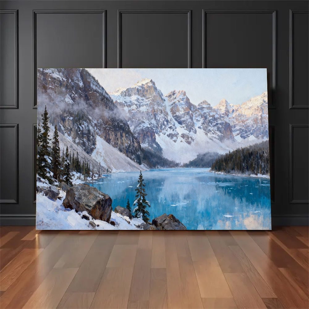 Frozen Blue Lake between Peaks canvas wall art, floor display mockup.