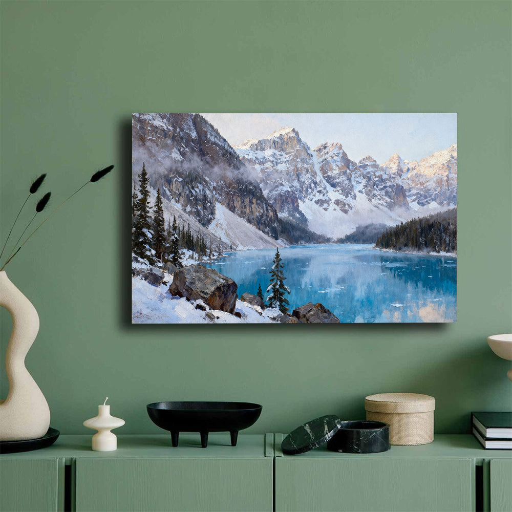 Frozen Blue Lake between Peaks canvas wall art, green wall mockup.