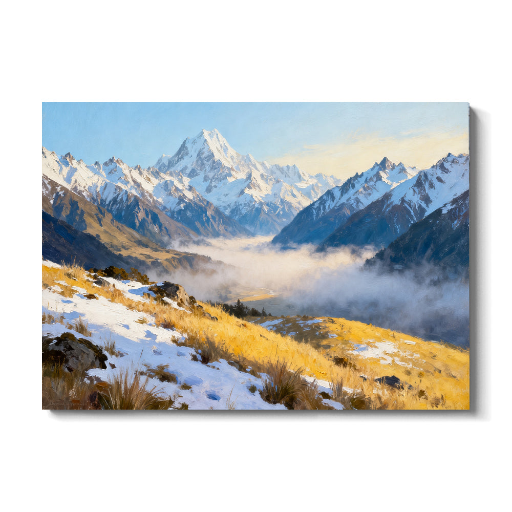 Golden Valley beneath Distant Snow canvas wall art, front view on a white background.