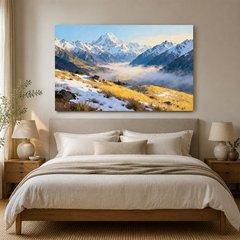 Golden Valley beneath Distant Snow canvas wall art, bedroom mockup.