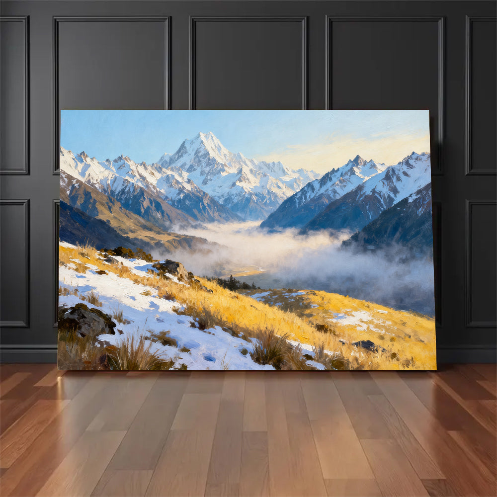 Golden Valley beneath Distant Snow canvas wall art, floor display mockup.