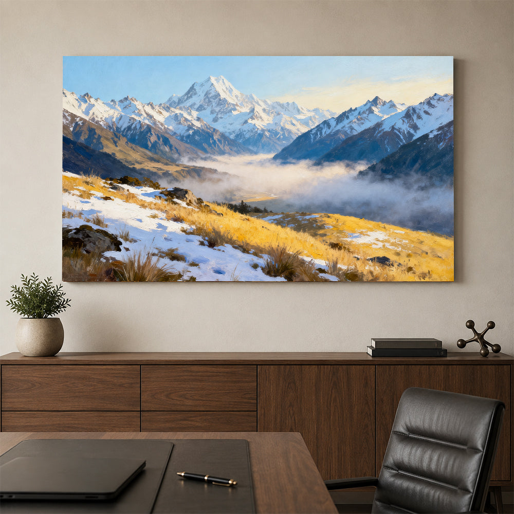 Golden Valley beneath Distant Snow canvas wall art, office mockup.