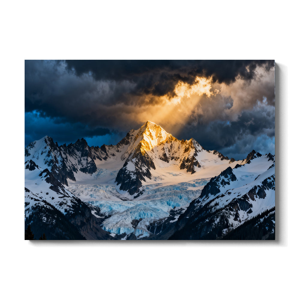 Sunbeam on a Stormbound Summit canvas wall art, front view on a white background.