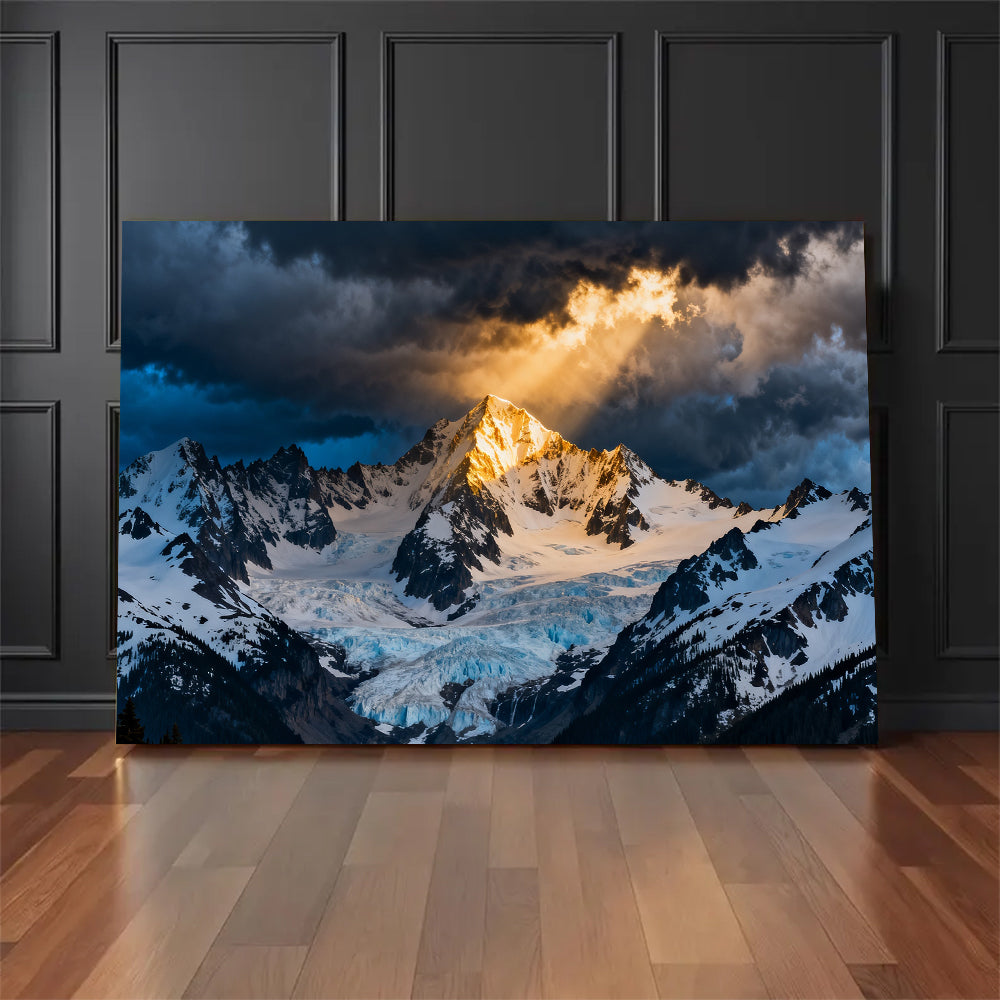 Sunbeam on a Stormbound Summit canvas wall art, floor display mockup.