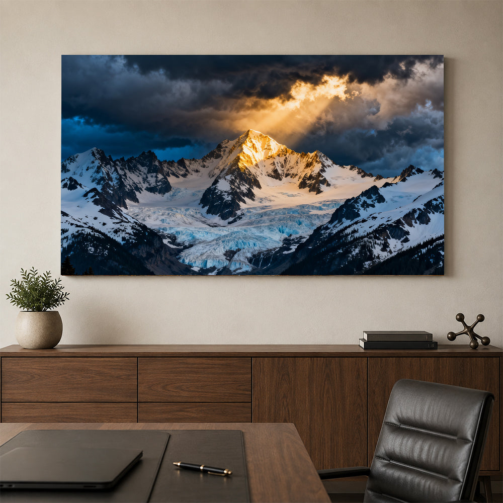 Sunbeam on a Stormbound Summit canvas wall art, office mockup.