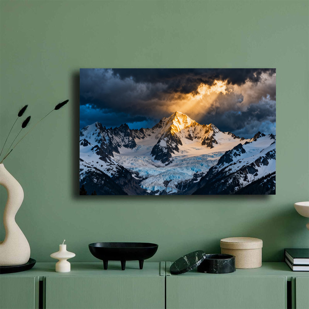 Sunbeam on a Stormbound Summit canvas wall art, green wall mockup.