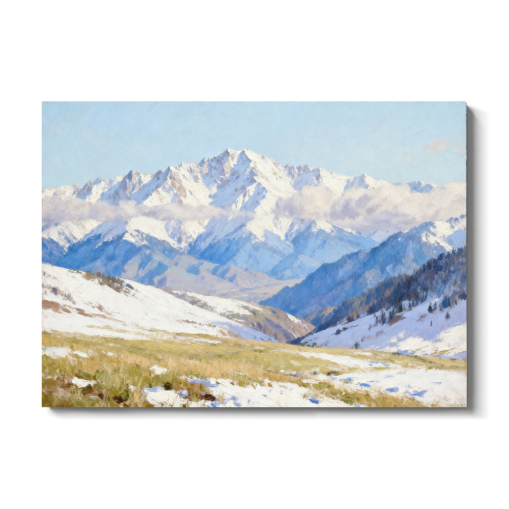 Soft Blue Snow Ranges canvas wall art, front view on a white background.