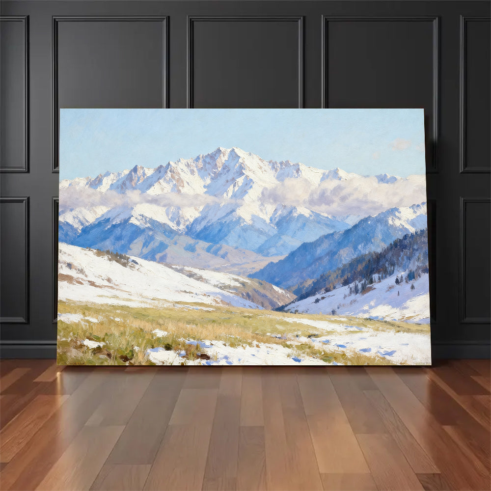 Soft Blue Snow Ranges canvas wall art, floor display mockup.