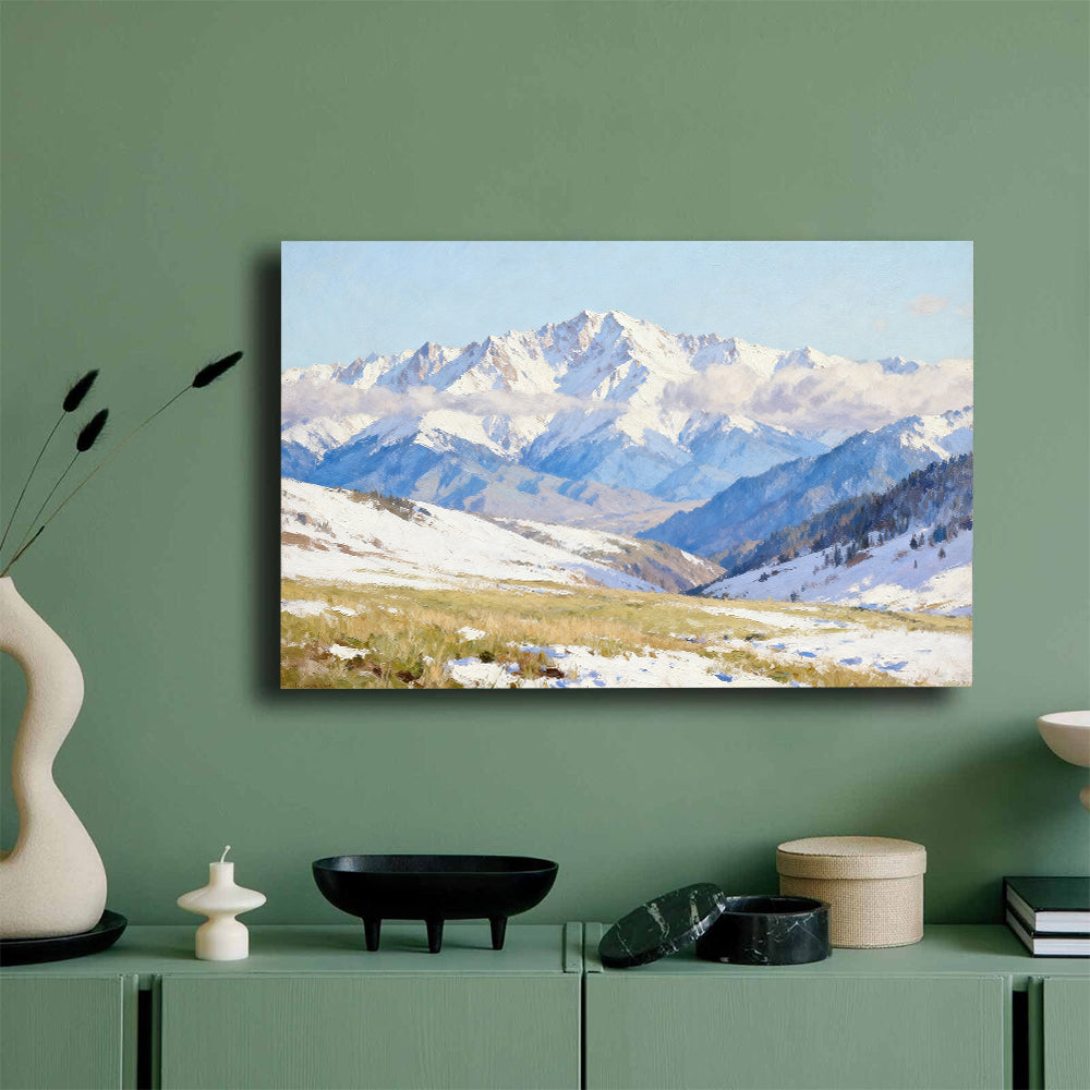 Soft Blue Snow Ranges canvas wall art, green wall mockup.