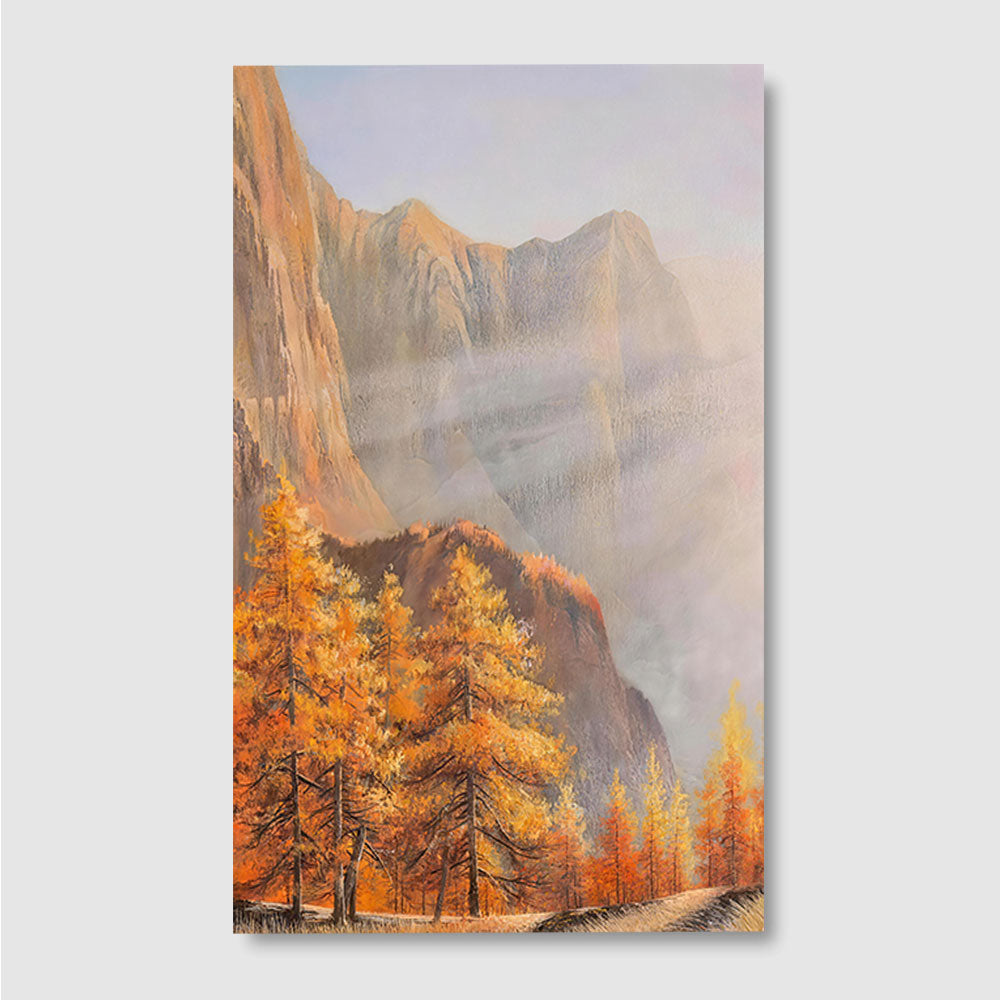 Autumn Cliffs in Mist canvas wall art, front product mockup on a light background.