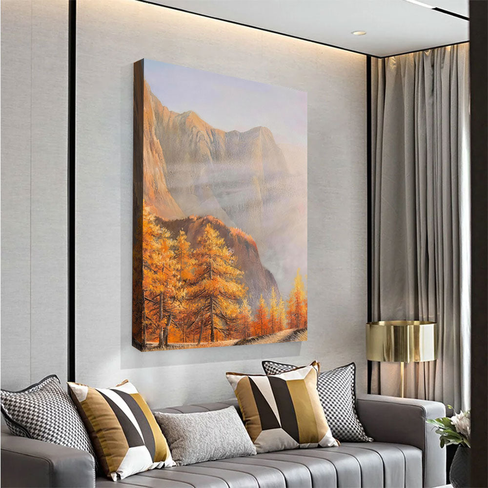 Autumn Cliffs in Mist canvas wall art, styled room mockup 2.