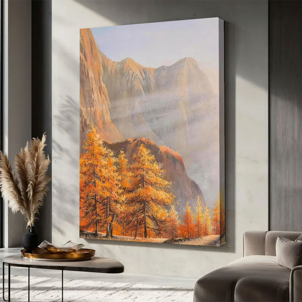 Autumn Cliffs in Mist canvas wall art, styled room mockup 3.