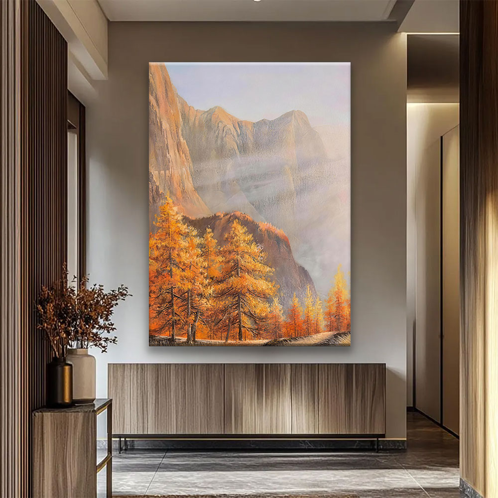 Autumn Cliffs in Mist canvas wall art, styled room mockup 4.