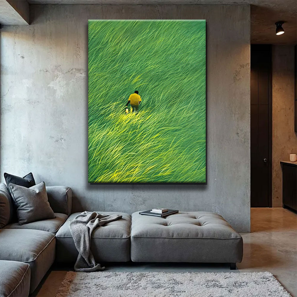 Yellow Jacket in Green Grass canvas wall art, styled room mockup 1.