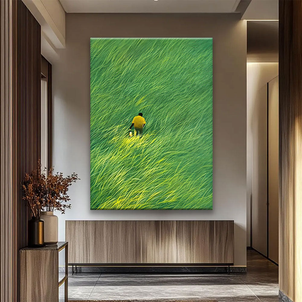 Yellow Jacket in Green Grass canvas wall art, styled room mockup 2.