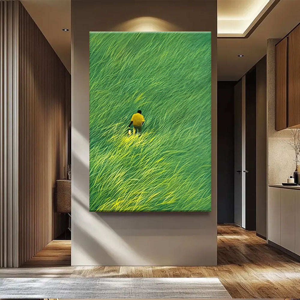 Yellow Jacket in Green Grass canvas wall art, styled room mockup 4.
