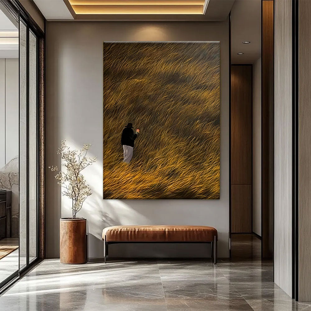 Amber Field Wanderer canvas wall art, styled room mockup 1.
