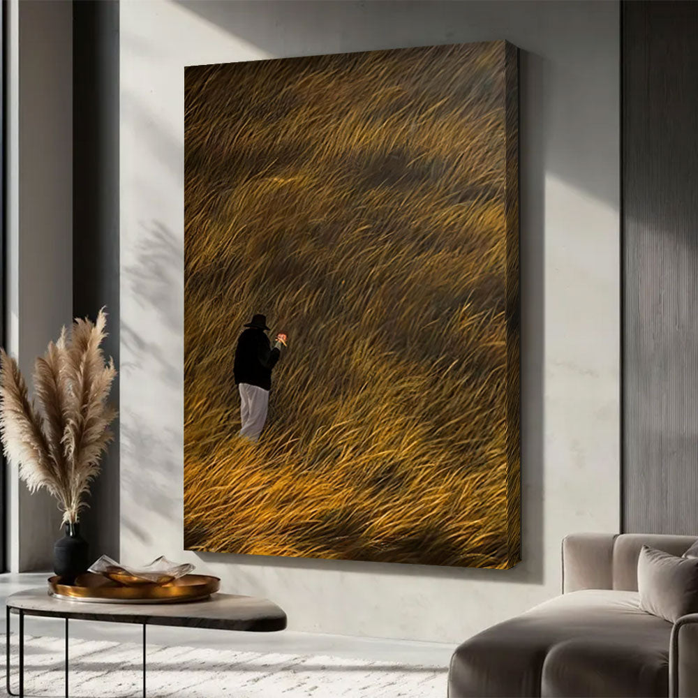 Amber Field Wanderer canvas wall art, styled room mockup 3.