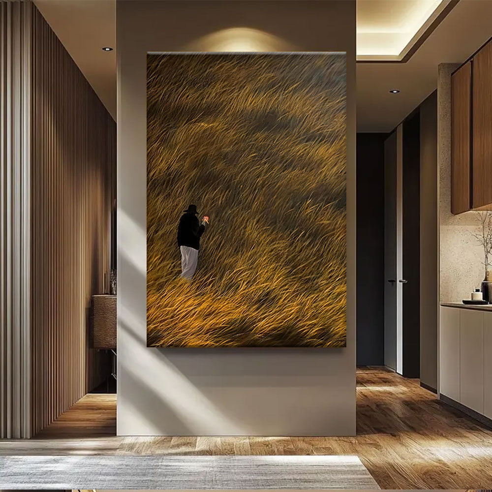 Amber Field Wanderer canvas wall art, styled room mockup 4.