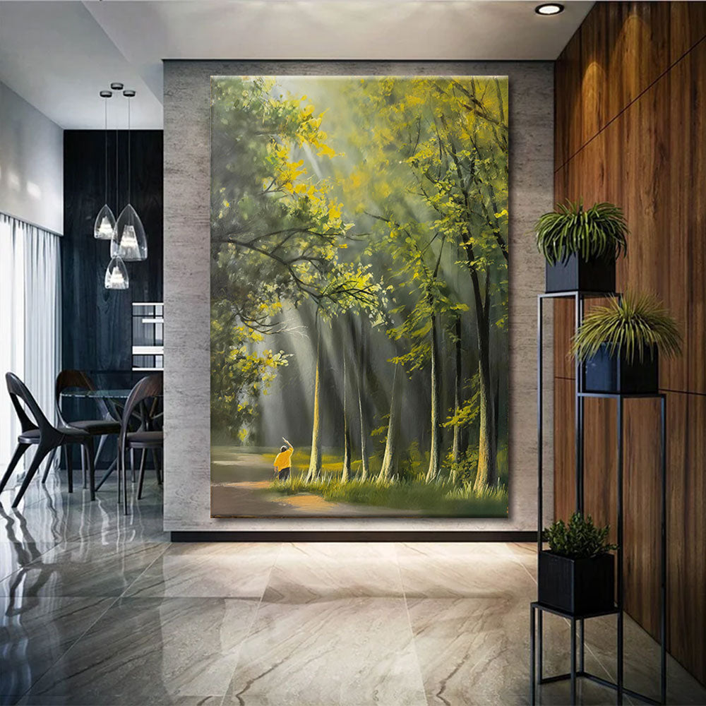 Sunbeams Through the Grove canvas wall art, styled room mockup 1.