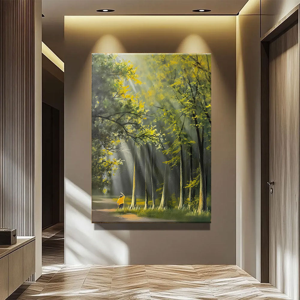 Sunbeams Through the Grove canvas wall art, styled room mockup 2.