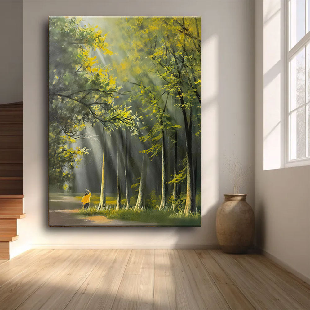Sunbeams Through the Grove canvas wall art, styled room mockup 3.